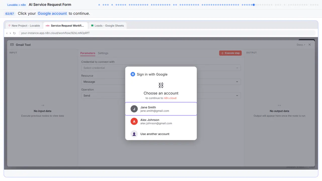 Gmail in Stepthrough’s practice copy, step 62 of 87 (Choose your account): the cursor is on “Google account”, highlighted.