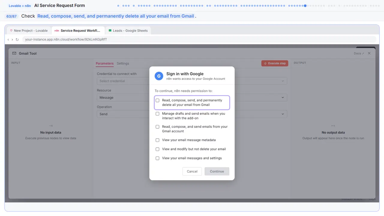 Gmail in Stepthrough’s practice copy, step 63 of 87 (Allow email access): the cursor is on “Read, compose, send, and permanently delete all your email…”, highlighted.