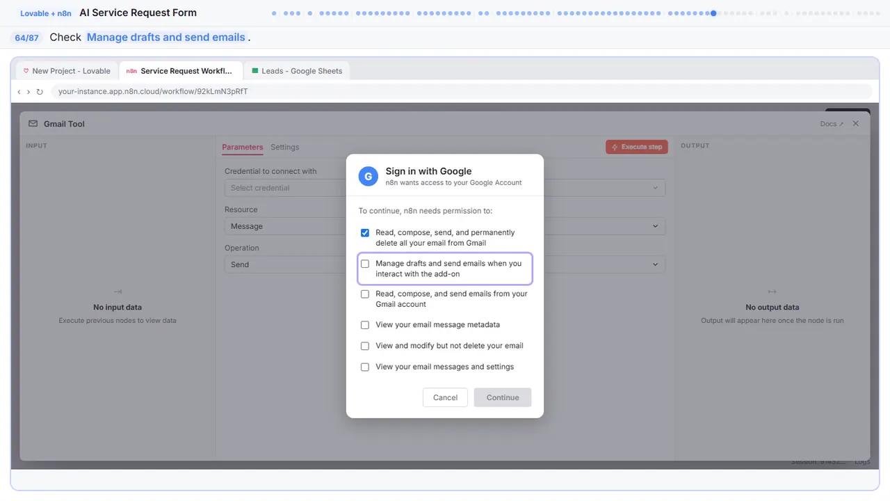Gmail in Stepthrough’s practice copy, step 64 of 87 (Allow drafts): the cursor is on “Manage drafts and send emails”, highlighted.