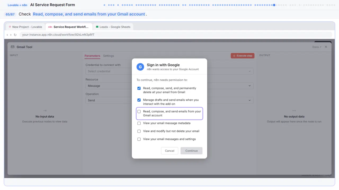 Gmail in Stepthrough’s practice copy, step 65 of 87 (Allow compose): the cursor is on “Read, compose, and send emails from your Gmail account”, highlighted.