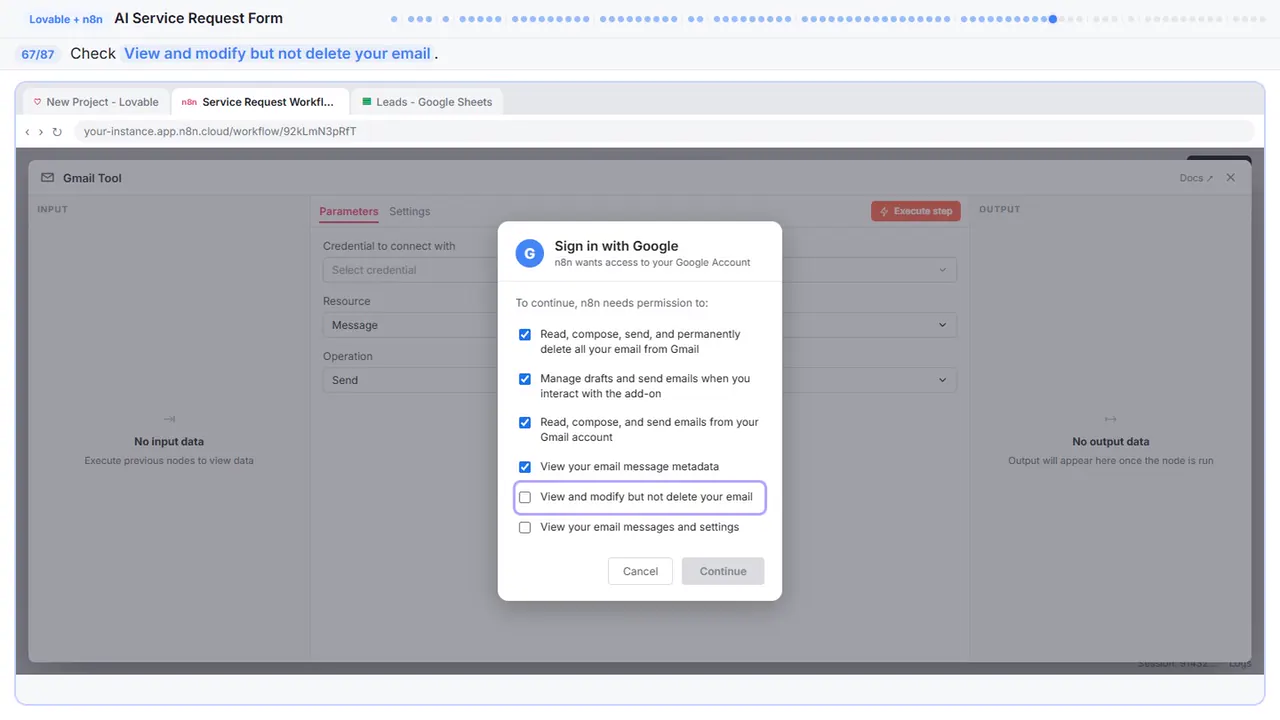 Gmail in Stepthrough’s practice copy, step 67 of 87 (Allow modify): the cursor is on “View and modify but not delete your email”, highlighted.