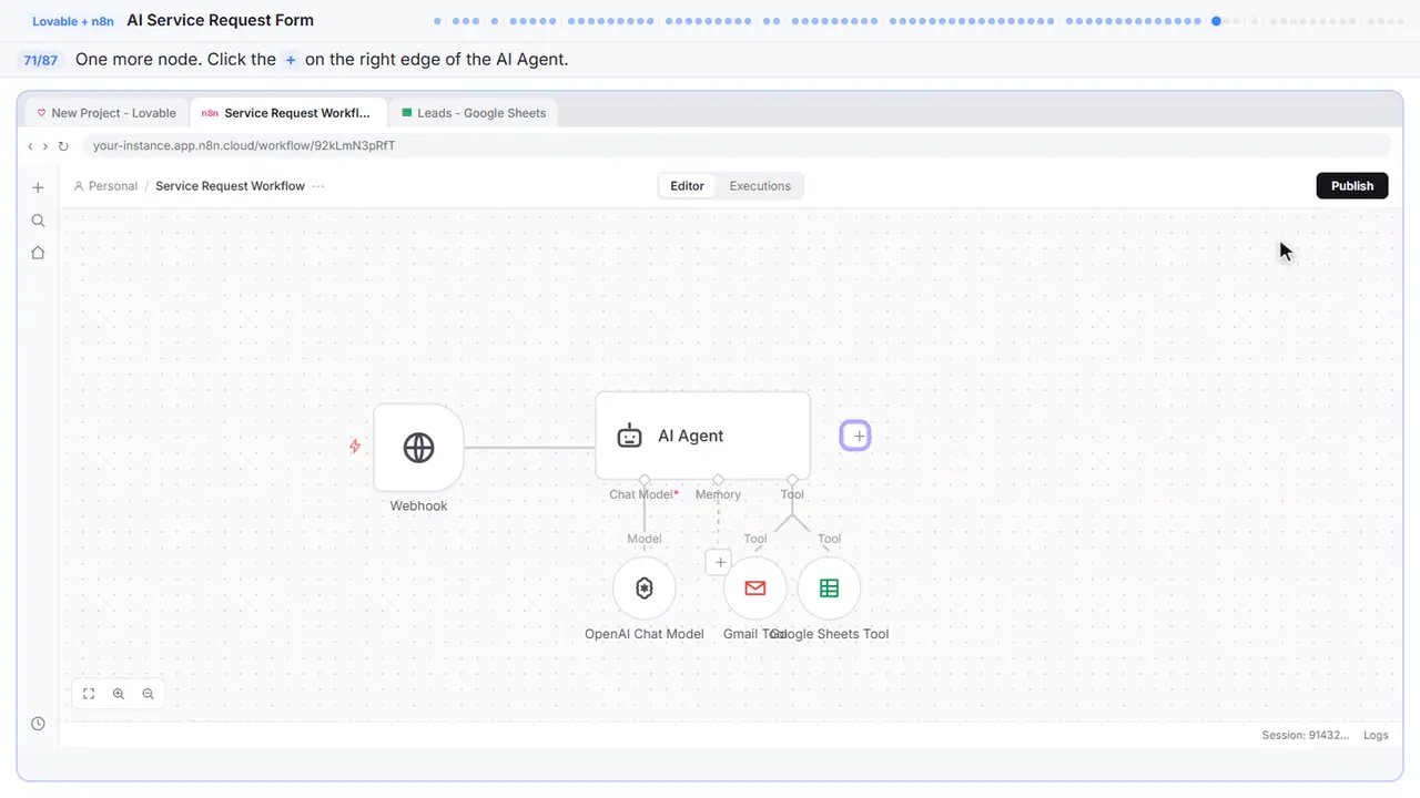 The n8n workflow canvas in Stepthrough’s practice copy, step 71 of 87 (Add the respond node): the cursor is on “+”, highlighted.