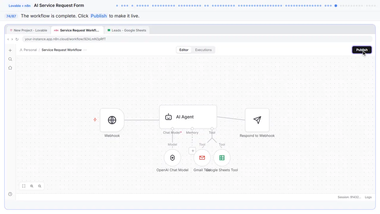 The n8n workflow editor in Stepthrough’s practice copy, step 74 of 87 (Publish the workflow): the cursor is on “Publish”, highlighted.