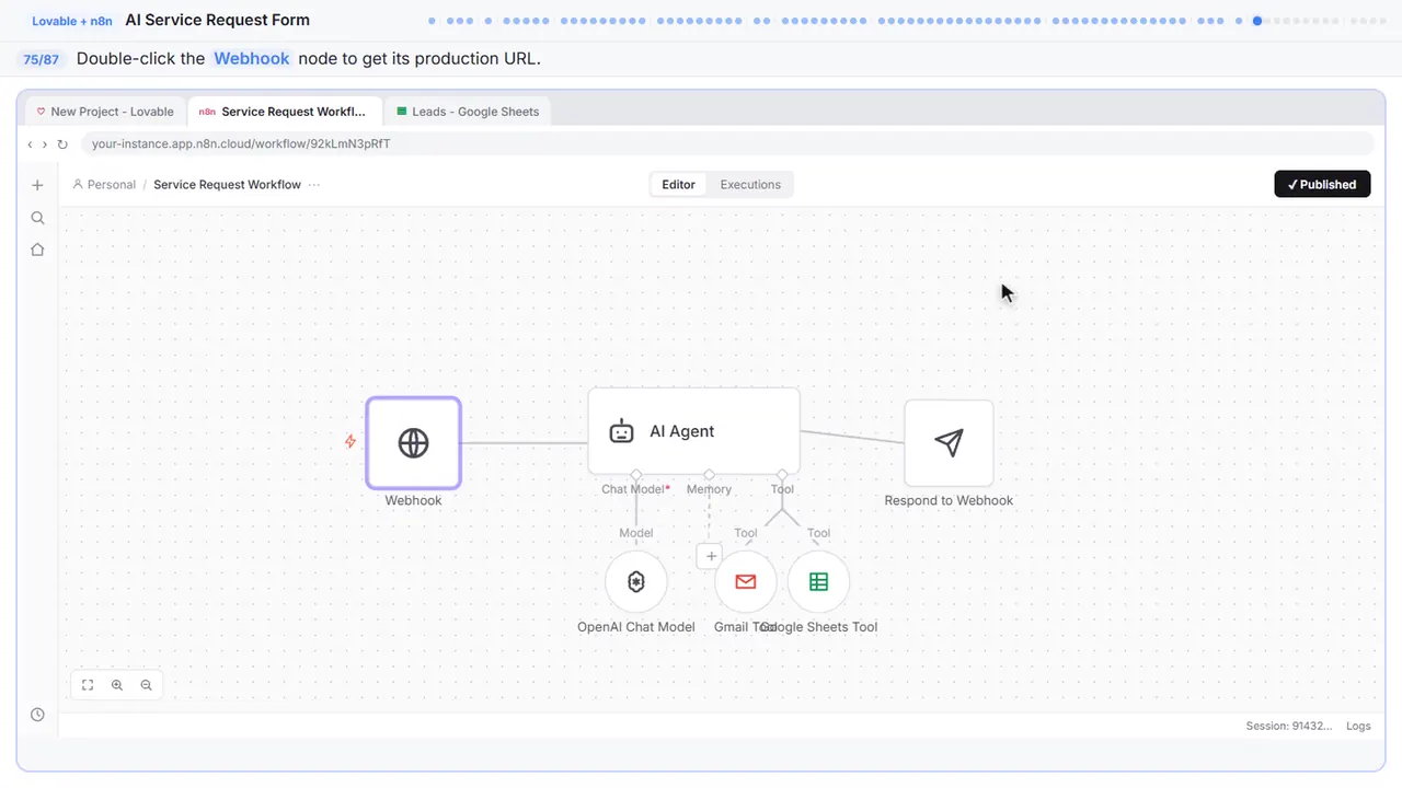 The n8n workflow canvas in Stepthrough’s practice copy, step 75 of 87 (Open the webhook): the cursor is on “Webhook”, highlighted.