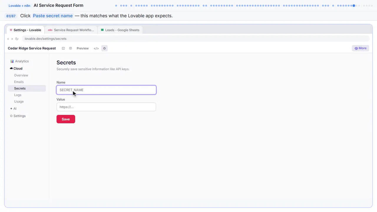 Lovable’s secrets settings in Stepthrough’s practice copy, step 81 of 87 (Name the secret): the secret name is filled in (“N8N_WEBHOOK_URL”).