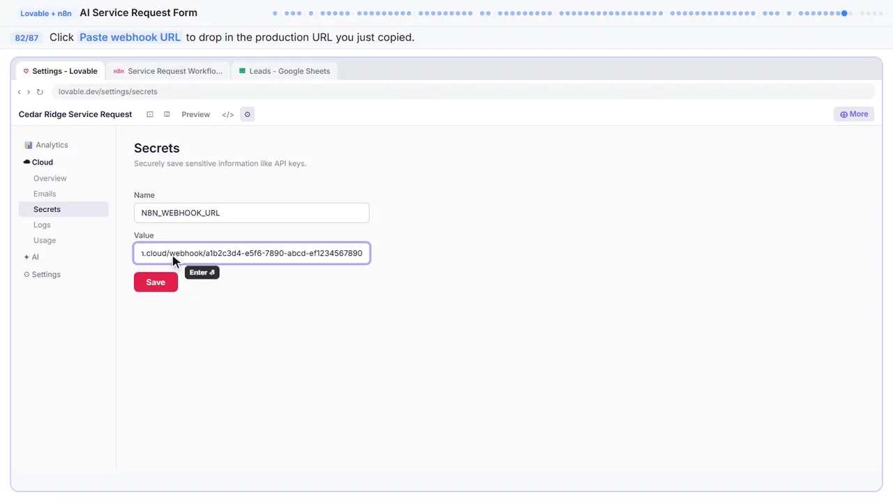 Lovable’s secrets settings in Stepthrough’s practice copy, step 82 of 87 (Paste the webhook URL): the webhook url is filled in (“https://your-instance.app.n8n.cloud/webhook/a1b…”).