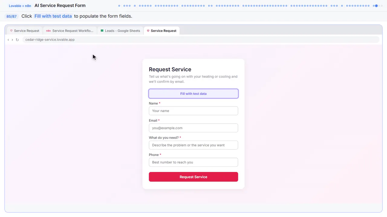 The Lovable app preview in Stepthrough’s practice copy, step 85 of 87 (Fill the form): the cursor is on “Fill with test data”, highlighted.
