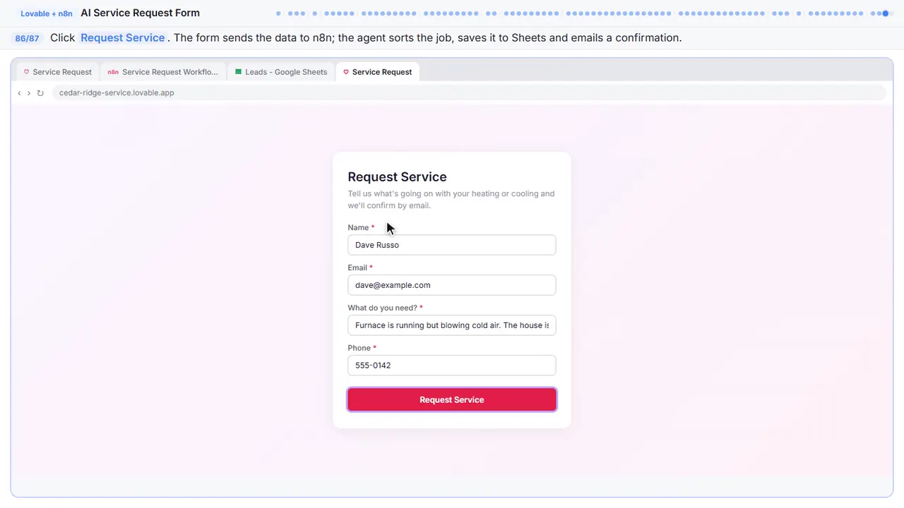 The Lovable app preview in Stepthrough’s practice copy, step 86 of 87 (Submit the form): the cursor is on “Request Service”, highlighted.