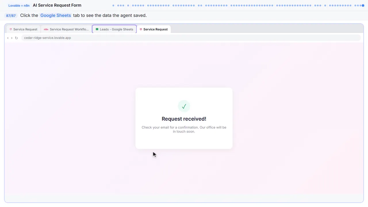 The Lovable app preview in Stepthrough’s practice copy, step 87 of 87 (Check the spreadsheet): the cursor is on “Google Sheets”, highlighted.