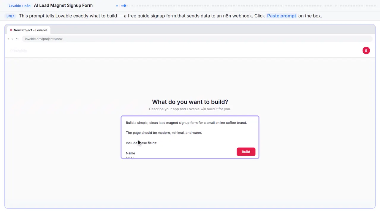 Lovable in Stepthrough’s practice copy, step 3 of 87 (Describe the form): the prompt is filled in (“Build a simple, clean lead magnet signup form…”).