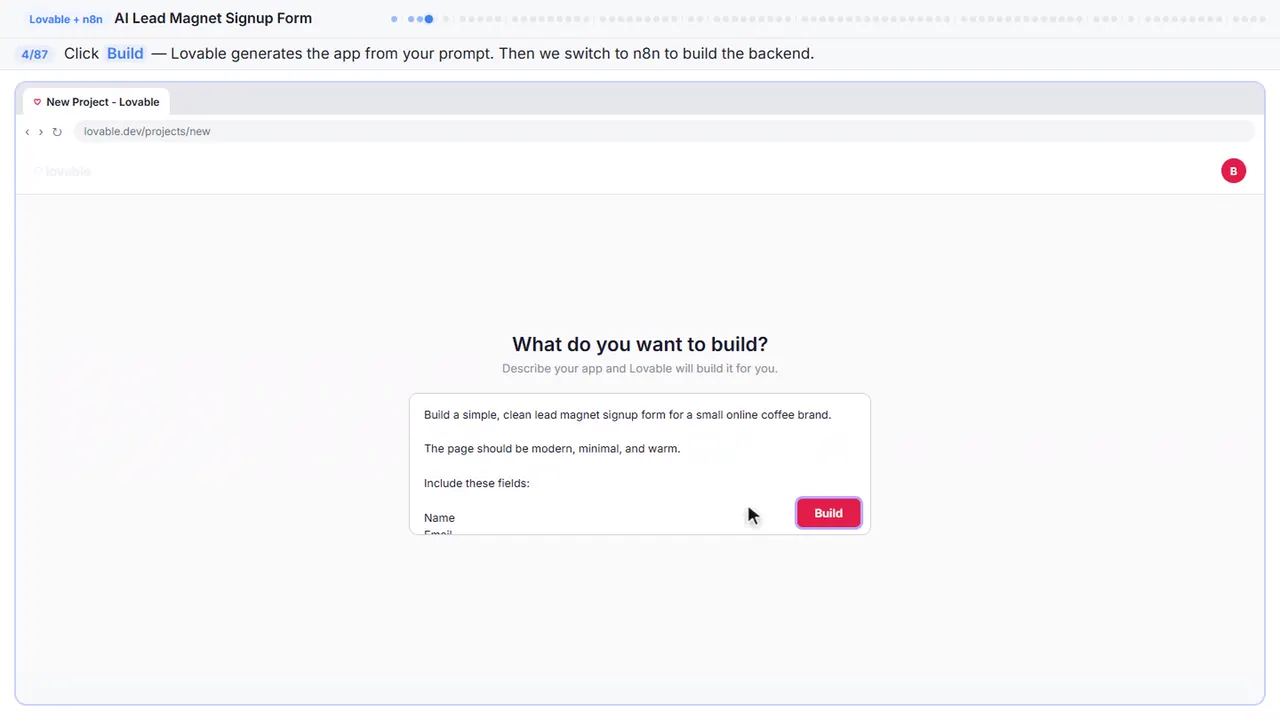 Lovable in Stepthrough’s practice copy, step 4 of 87 (Build the app): the cursor is on “Build”, highlighted.