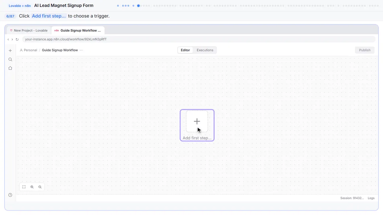 The n8n workflow canvas in Stepthrough’s practice copy, step 6 of 87 (Add the first step): the cursor is on “Add first step…”, highlighted.