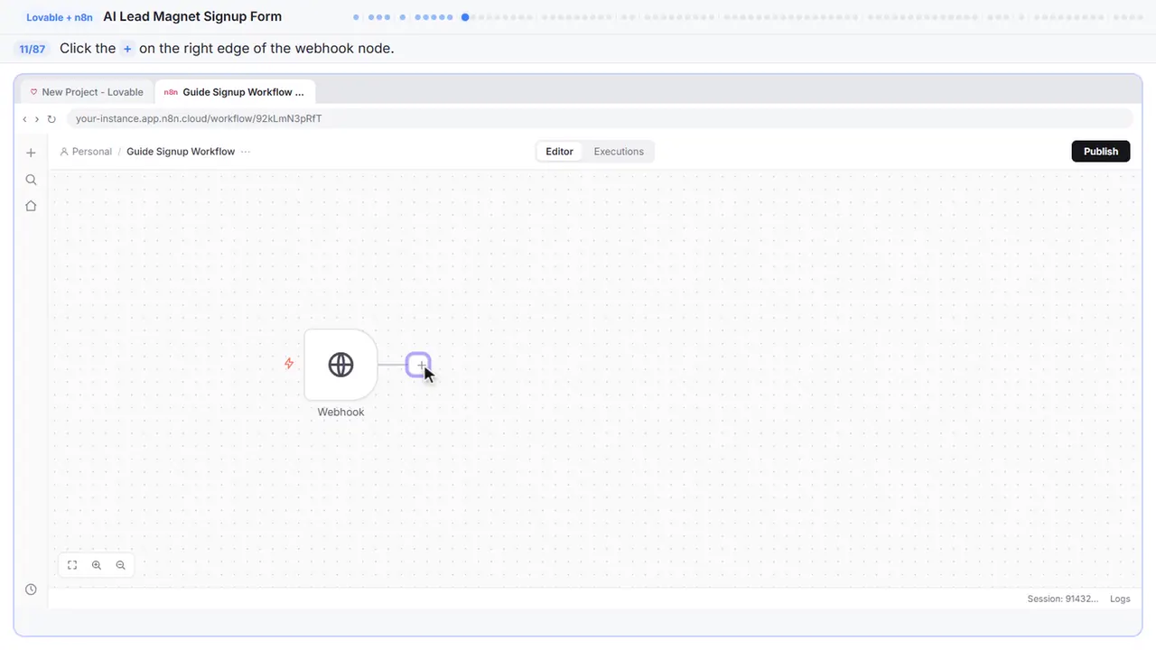 The n8n workflow canvas in Stepthrough’s practice copy, step 11 of 87 (Add the next node): the cursor is on “+”, highlighted.