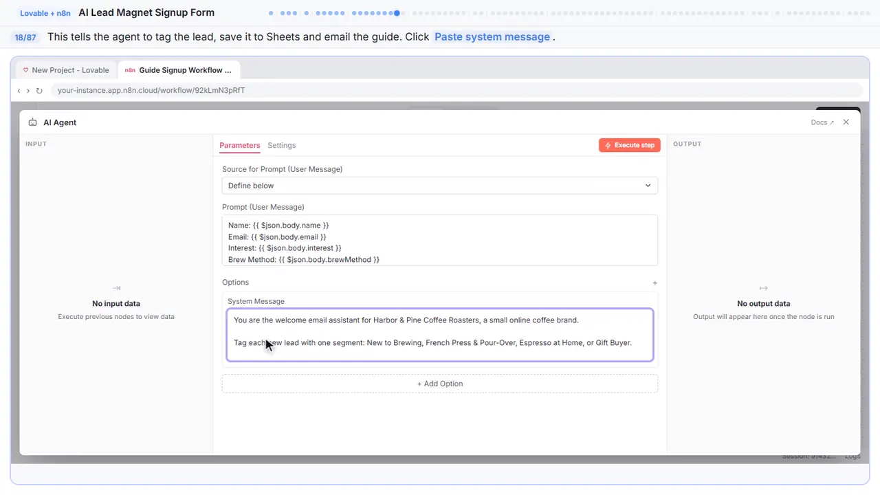 An n8n node’s settings window in Stepthrough’s practice copy, step 18 of 87 (Write the system message): the system message is filled in (“You are the welcome email assistant for Harbor…”).