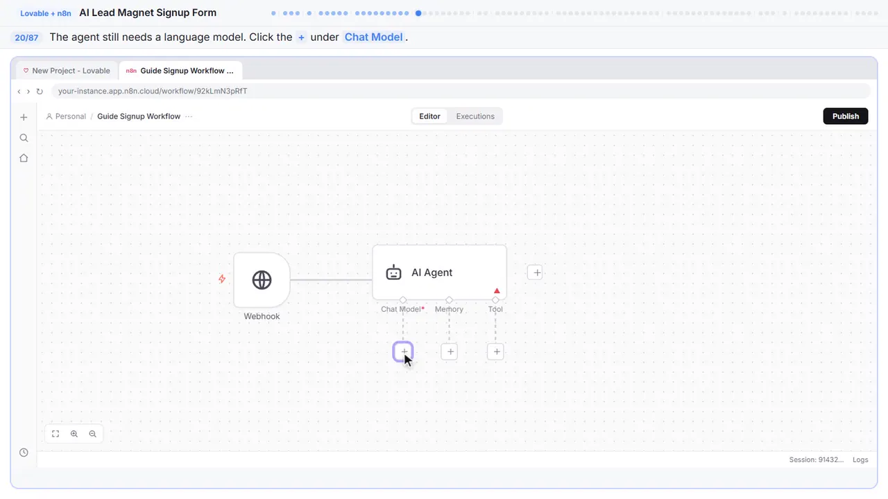 The n8n workflow canvas in Stepthrough’s practice copy, step 20 of 87 (Give the agent a brain): the cursor is on “+”, highlighted.