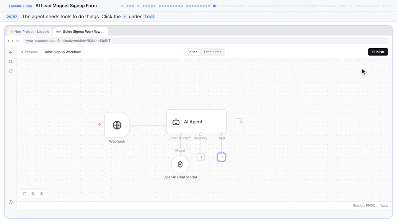 The n8n workflow canvas in Stepthrough’s practice copy, step 29 of 87 (Add a tool): the cursor is on “+”, highlighted.