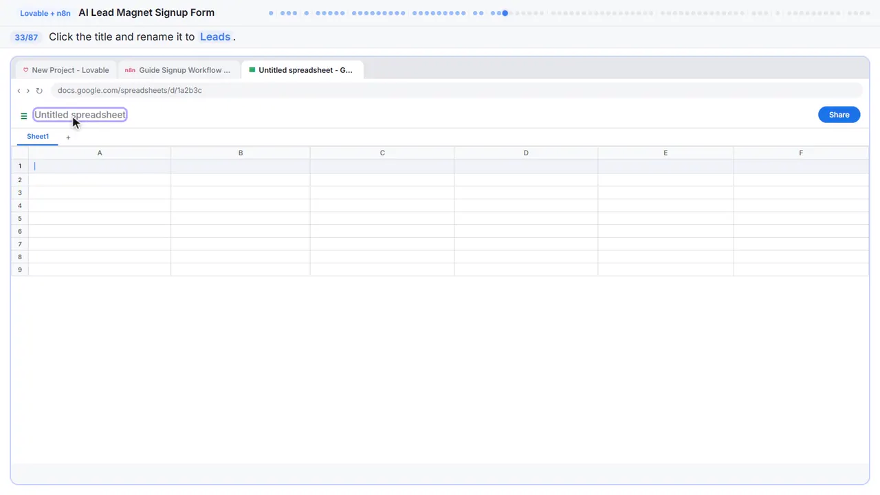 Google Sheets in Stepthrough’s practice copy, step 33 of 87 (Name the spreadsheet): the cursor is on “Leads”, highlighted.