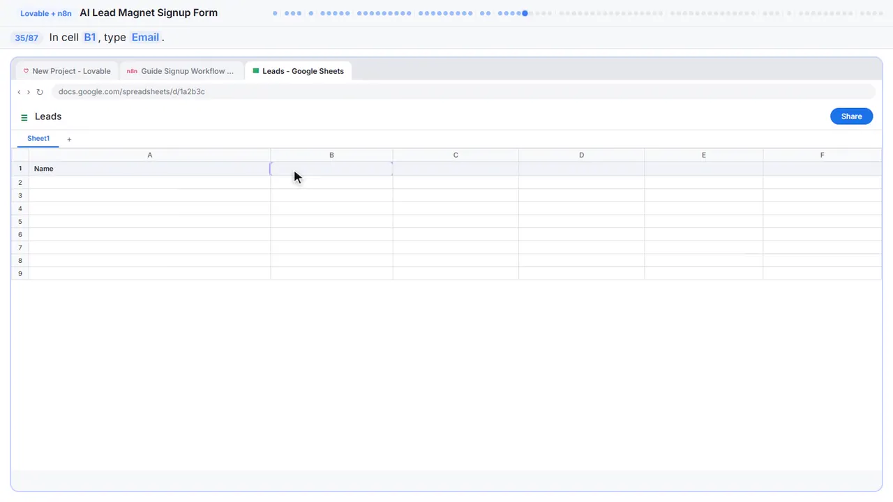 Google Sheets in Stepthrough’s practice copy, step 35 of 87 (Email): the cursor is on “B1”, highlighted.