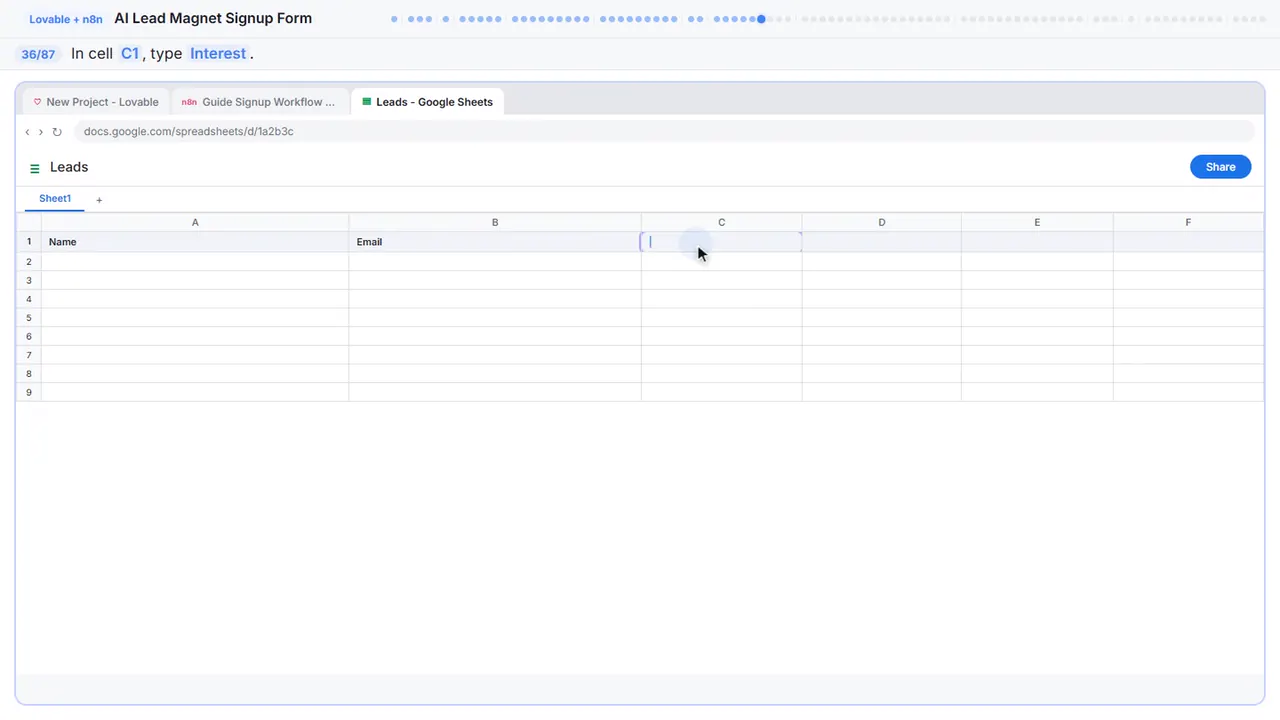Google Sheets in Stepthrough’s practice copy, step 36 of 87 (Interest): the cursor is on “C1”, highlighted.
