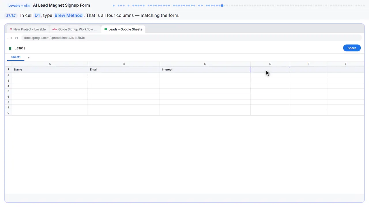 Google Sheets in Stepthrough’s practice copy, step 37 of 87 (Brew Method): the cursor is on “D1”, highlighted.