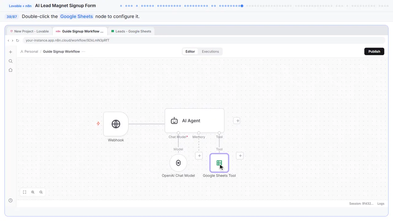 The n8n workflow canvas in Stepthrough’s practice copy, step 39 of 87 (Open the Sheets node): the cursor is on “Google Sheets”, highlighted.
