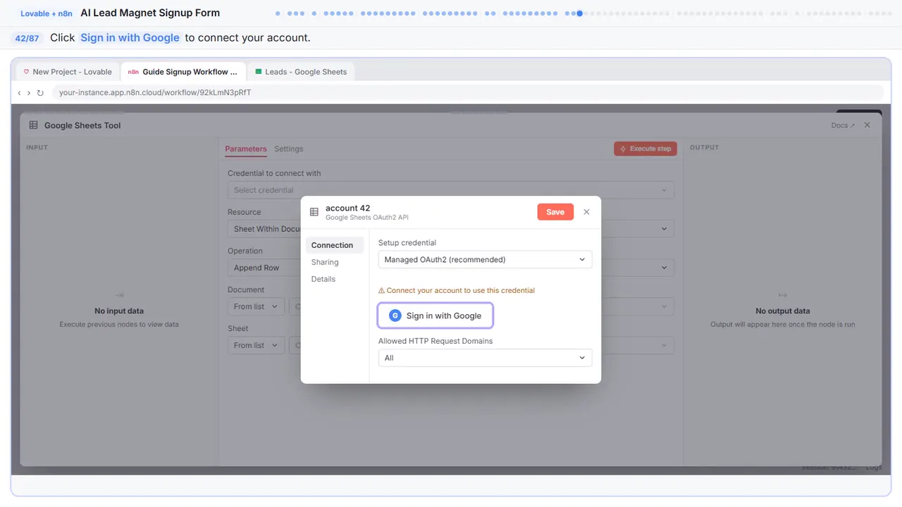 The Google sign-in window in Stepthrough’s practice copy, step 42 of 87 (Sign in with Google): the cursor is on “Sign in with Google”, highlighted.