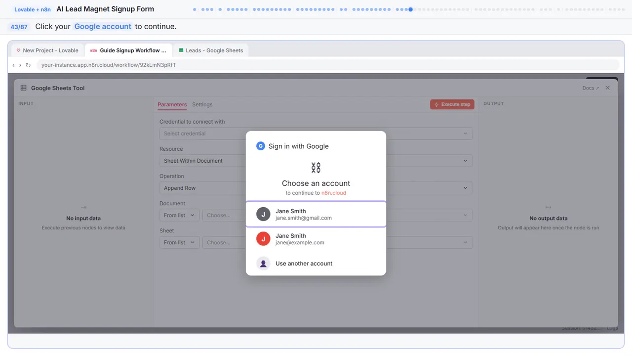 The Google sign-in window in Stepthrough’s practice copy, step 43 of 87 (Choose your account): the cursor is on “Google account”, highlighted.