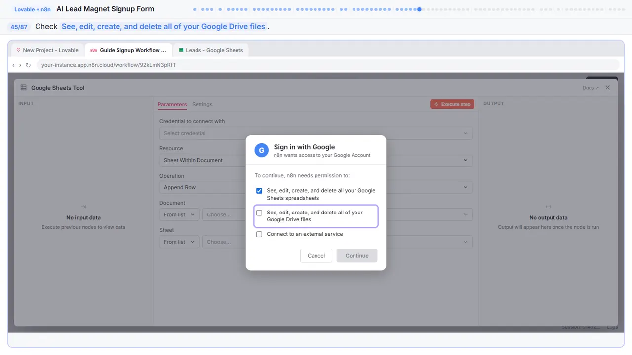 The Google sign-in window in Stepthrough’s practice copy, step 45 of 87 (Allow Drive access): the cursor is on “See, edit, create, and delete all of your Google Drive files”, highlighted.