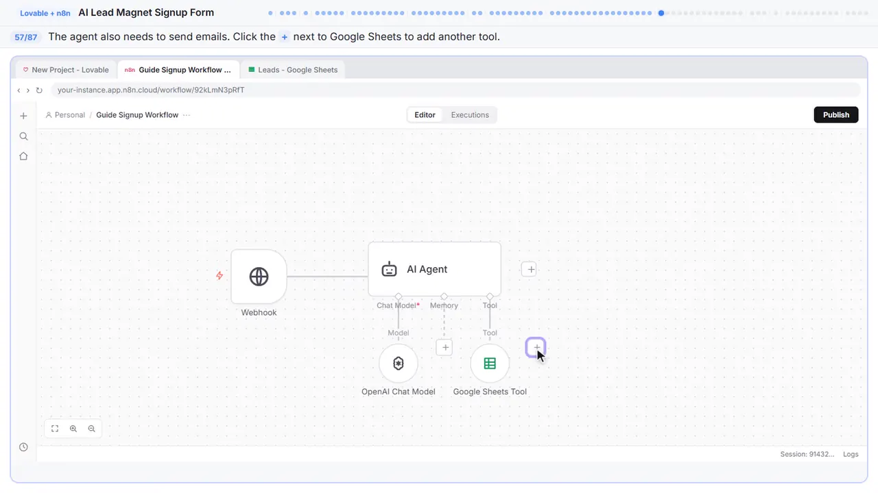 The n8n workflow canvas in Stepthrough’s practice copy, step 57 of 87 (Add another tool): the cursor is on “+”, highlighted.