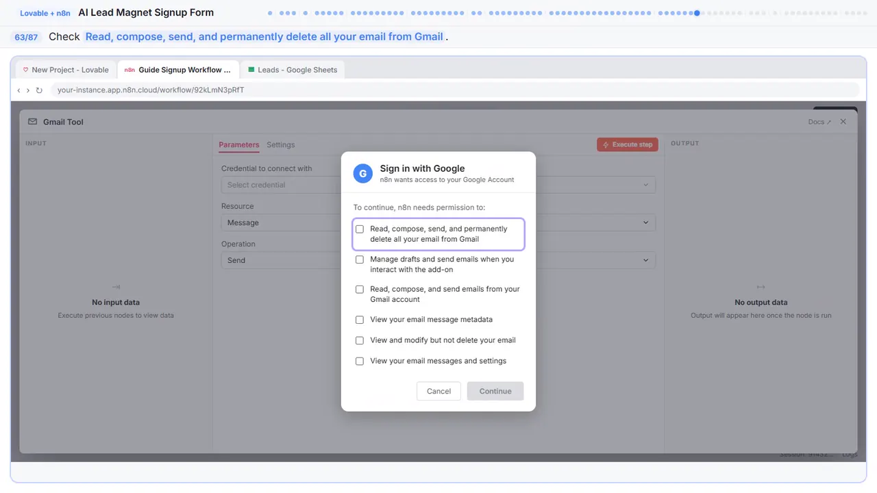 Gmail in Stepthrough’s practice copy, step 63 of 87 (Allow email access): the cursor is on “Read, compose, send, and permanently delete all your email…”, highlighted.
