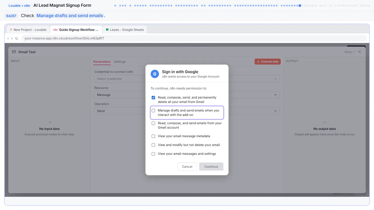 Gmail in Stepthrough’s practice copy, step 64 of 87 (Allow drafts): the cursor is on “Manage drafts and send emails”, highlighted.