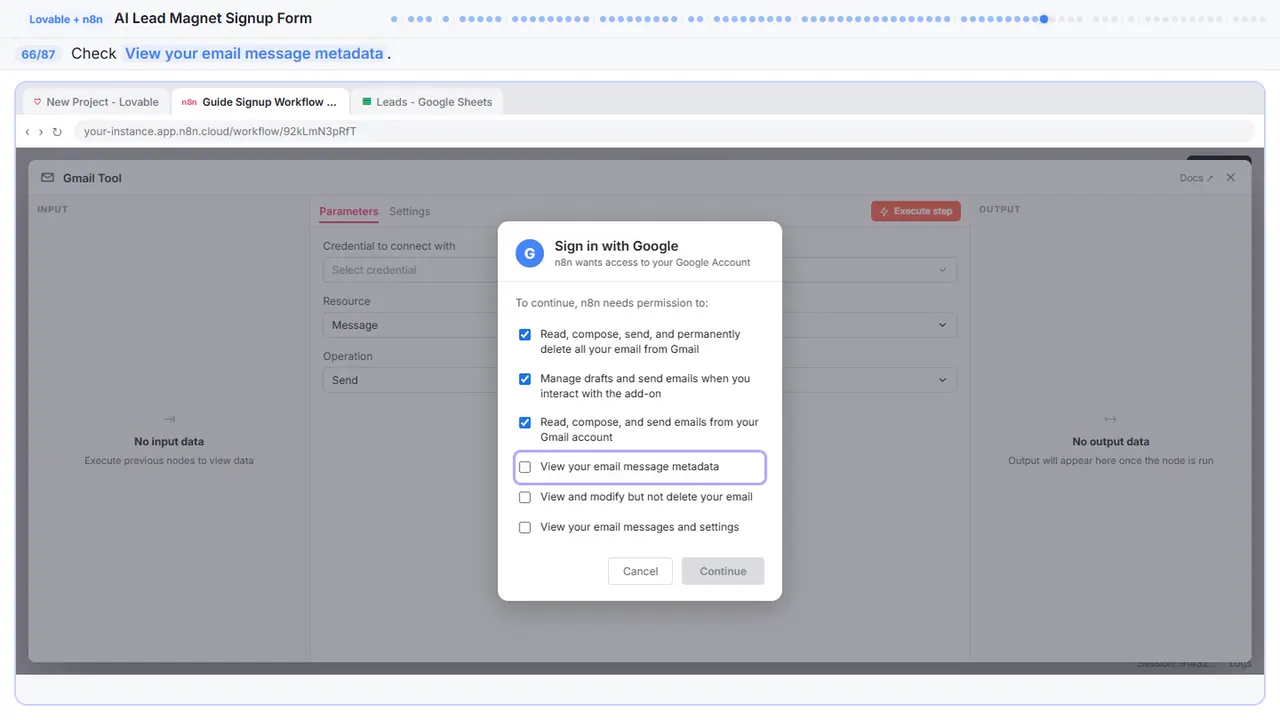 Gmail in Stepthrough’s practice copy, step 66 of 87 (Allow metadata): the cursor is on “View your email message metadata”, highlighted.