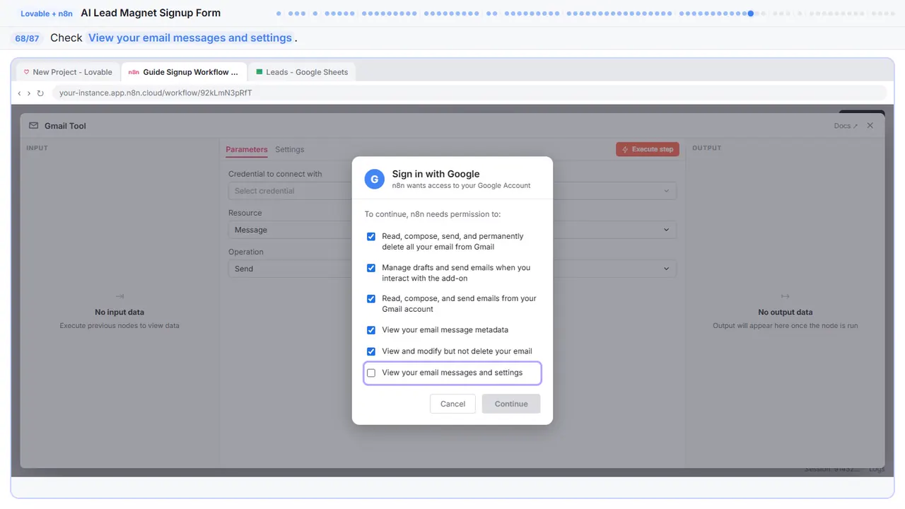 Gmail in Stepthrough’s practice copy, step 68 of 87 (Allow view): the cursor is on “View your email messages and settings”, highlighted.