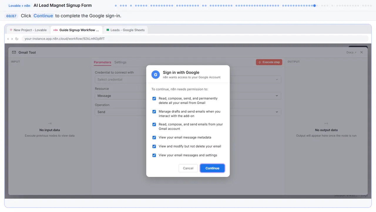 Gmail in Stepthrough’s practice copy, step 69 of 87 (Sign in): the cursor is on “Continue”, highlighted.