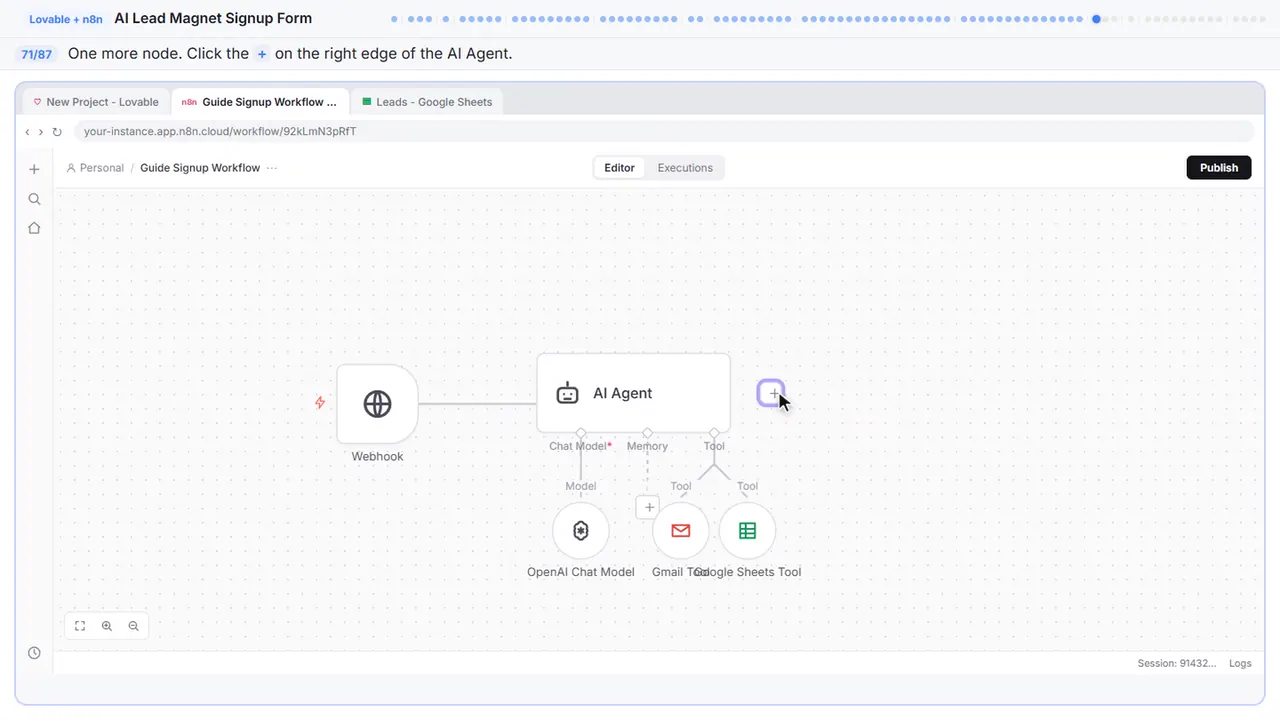 The n8n workflow canvas in Stepthrough’s practice copy, step 71 of 87 (Add the respond node): the cursor is on “+”, highlighted.
