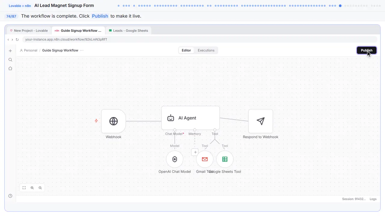 The n8n workflow editor in Stepthrough’s practice copy, step 74 of 87 (Publish the workflow): the cursor is on “Publish”, highlighted.
