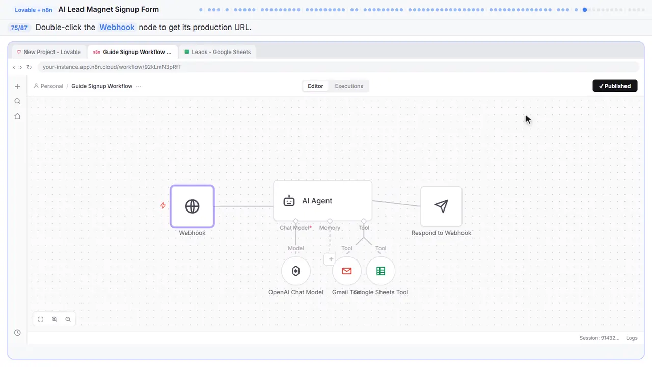 The n8n workflow canvas in Stepthrough’s practice copy, step 75 of 87 (Open the webhook): the cursor is on “Webhook”, highlighted.
