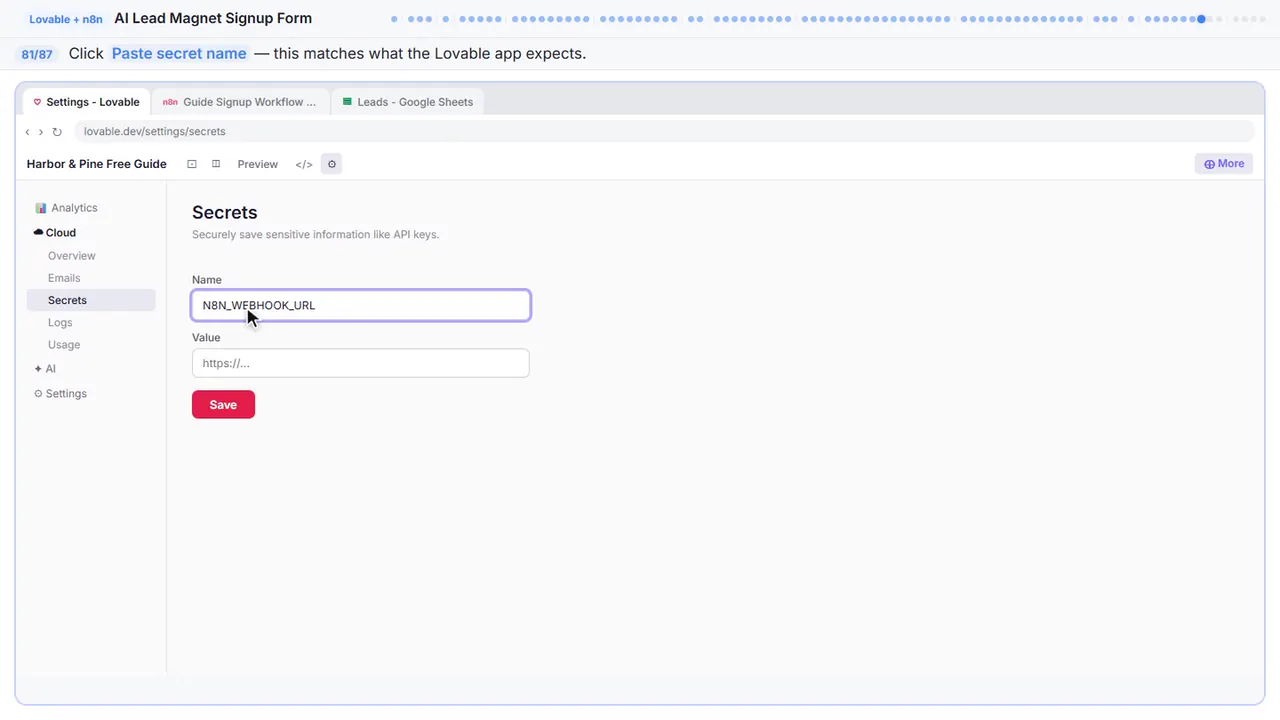 Lovable’s secrets settings in Stepthrough’s practice copy, step 81 of 87 (Name the secret): the secret name is filled in (“N8N_WEBHOOK_URL”).