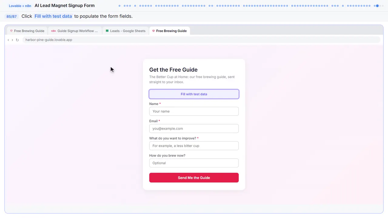 The Lovable app preview in Stepthrough’s practice copy, step 85 of 87 (Fill the form): the cursor is on “Fill with test data”, highlighted.