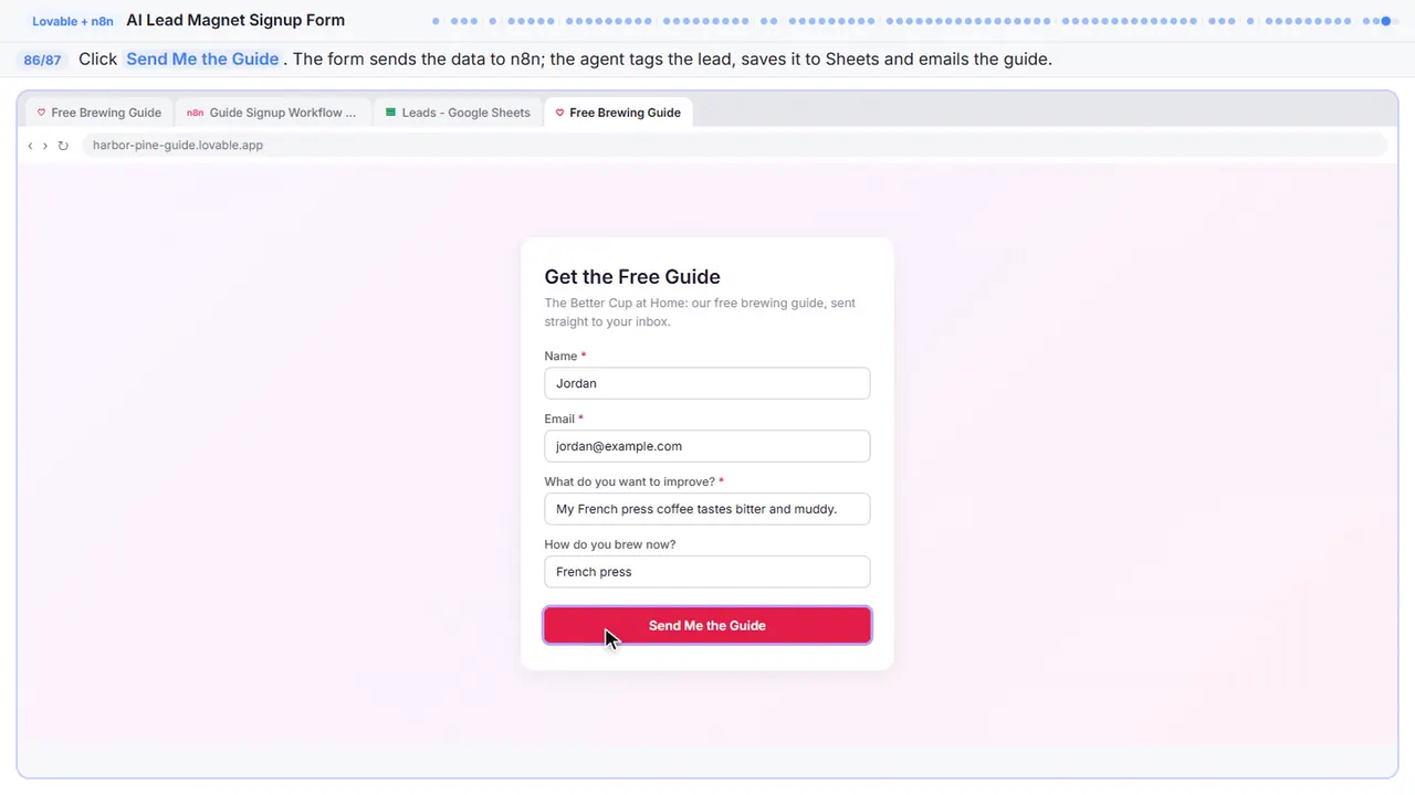 The Lovable app preview in Stepthrough’s practice copy, step 86 of 87 (Submit the form): the cursor is on “Send Me the Guide”, highlighted.