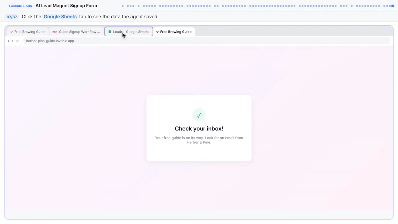 The Lovable app preview in Stepthrough’s practice copy, step 87 of 87 (Check the spreadsheet): the cursor is on “Google Sheets”, highlighted.