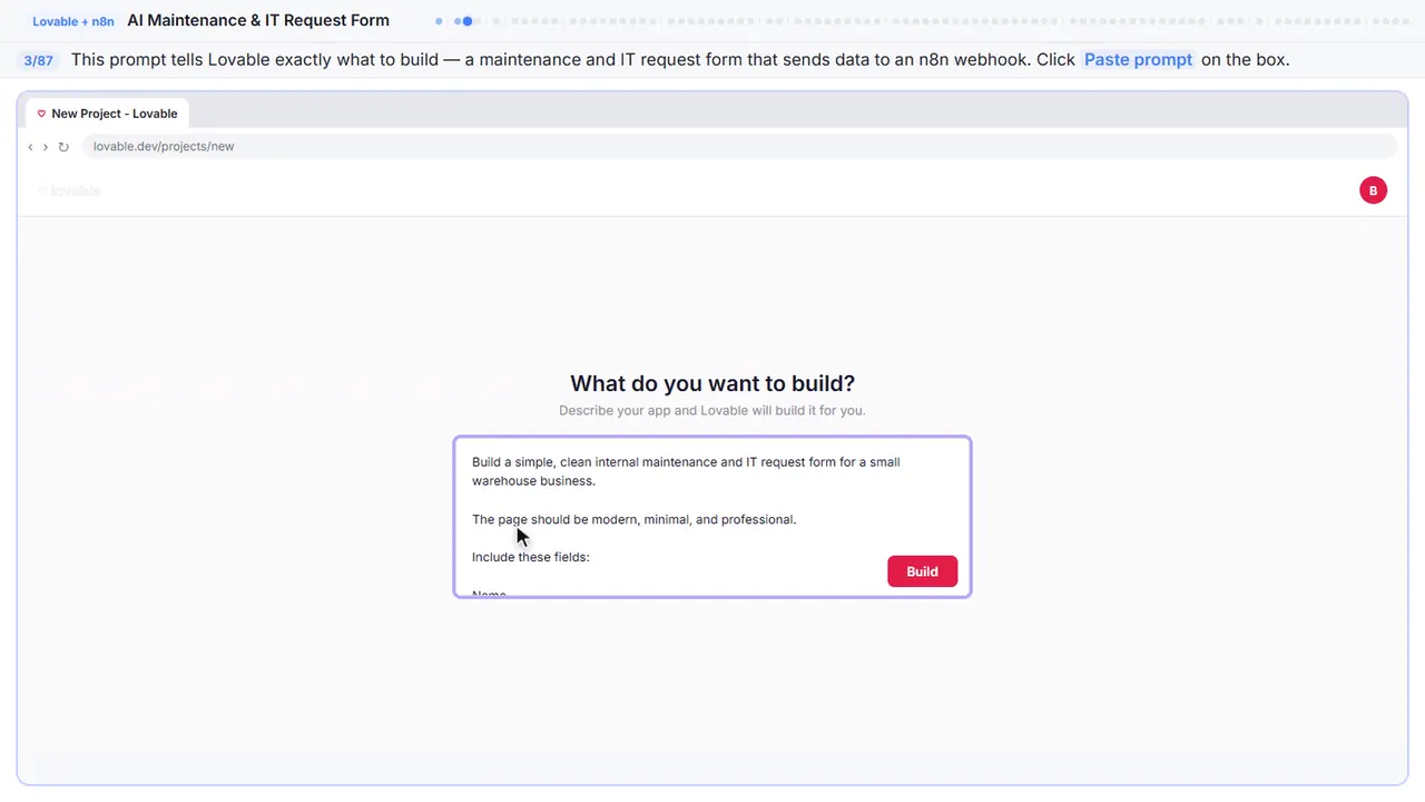 Lovable in Stepthrough’s practice copy, step 3 of 87 (Describe the form): the prompt is filled in (“Build a simple, clean internal maintenance and…”).