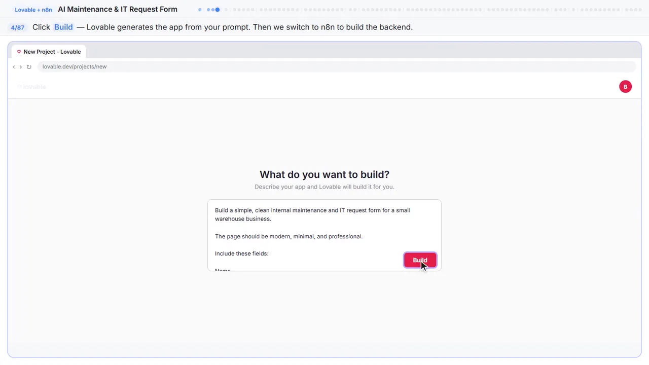 Lovable in Stepthrough’s practice copy, step 4 of 87 (Build the app): the cursor is on “Build”, highlighted.