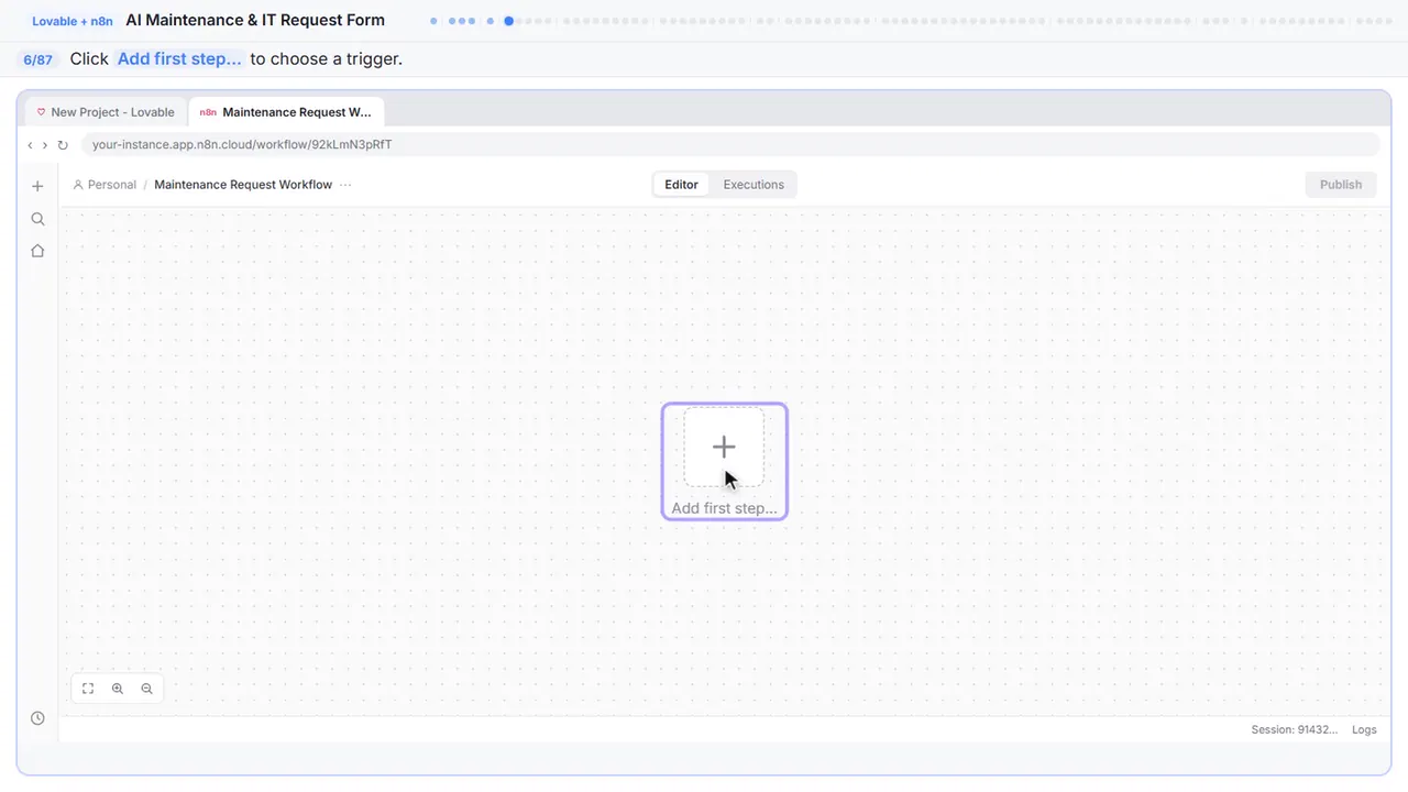 The n8n workflow canvas in Stepthrough’s practice copy, step 6 of 87 (Add the first step): the cursor is on “Add first step…”, highlighted.