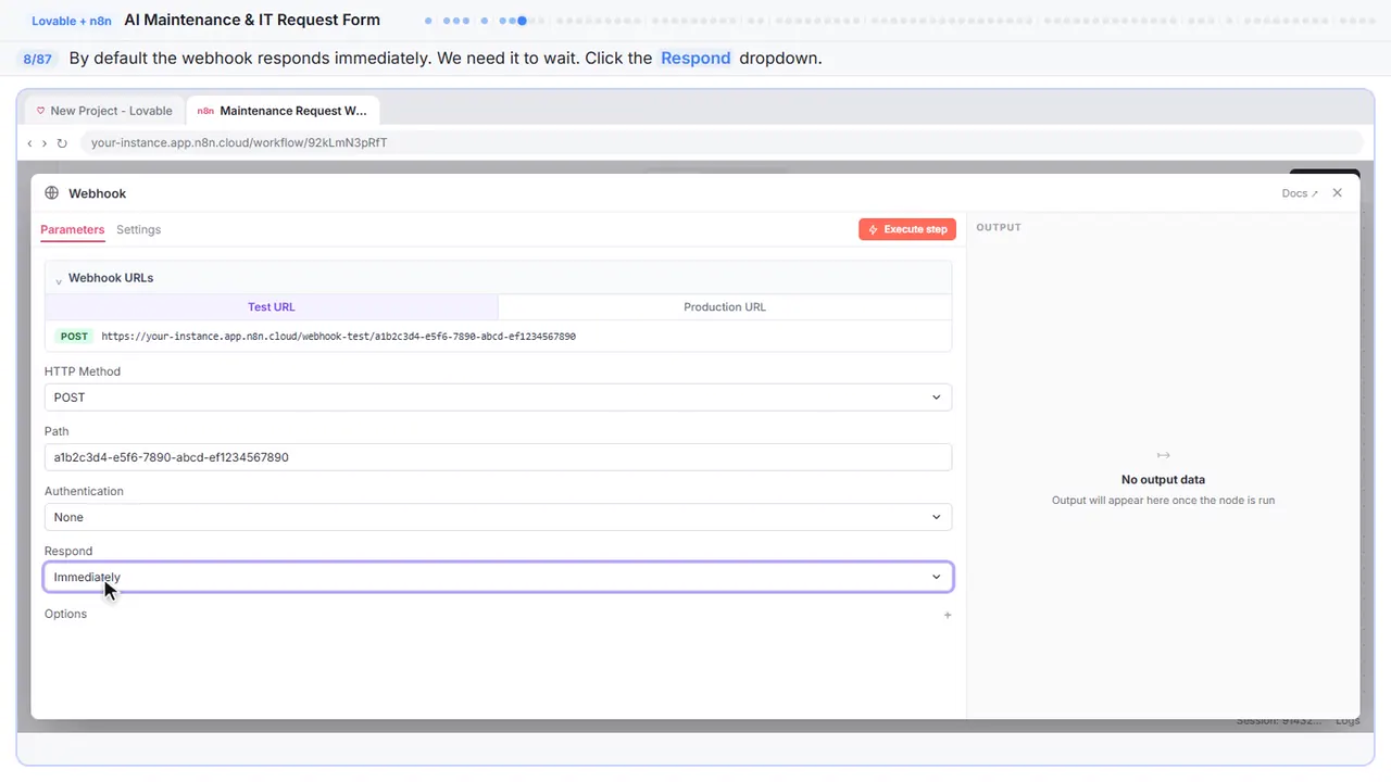 An n8n node’s settings window in Stepthrough’s practice copy, step 8 of 87 (Change the response mode): the cursor is on “Respond”, highlighted.