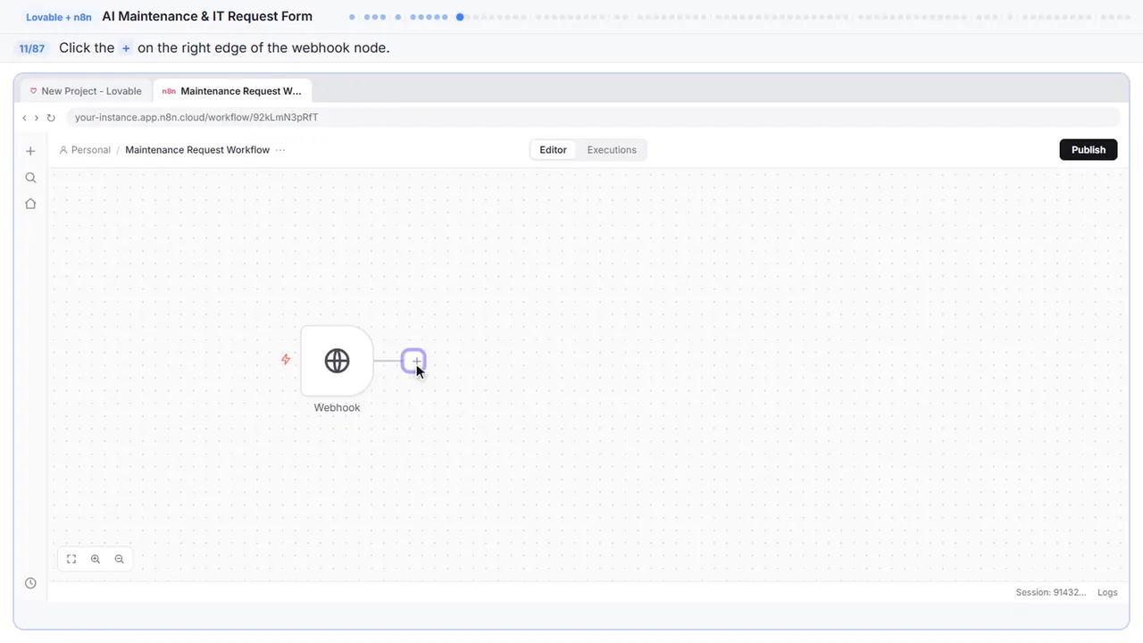 The n8n workflow canvas in Stepthrough’s practice copy, step 11 of 87 (Add the next node): the cursor is on “+”, highlighted.