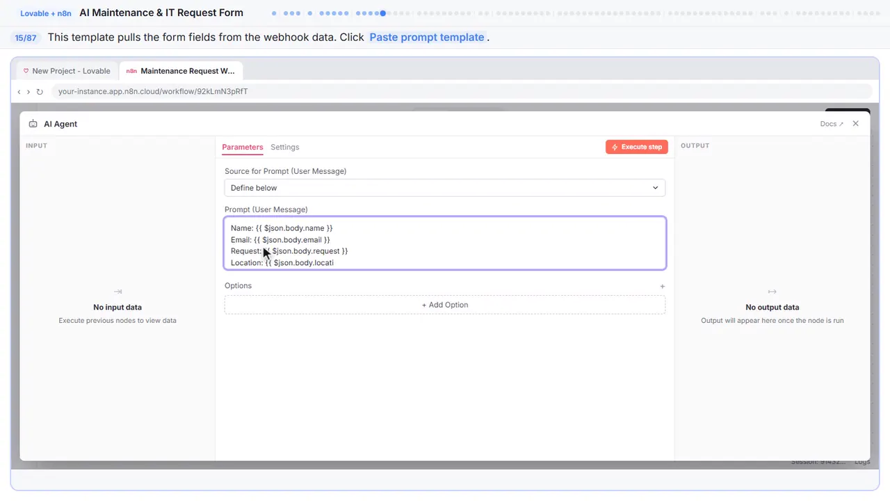 An n8n node’s settings window in Stepthrough’s practice copy, step 15 of 87 (Write the prompt template): the prompt template is filled in (“Name: {{ $json.body.name }} Email: {{…”).