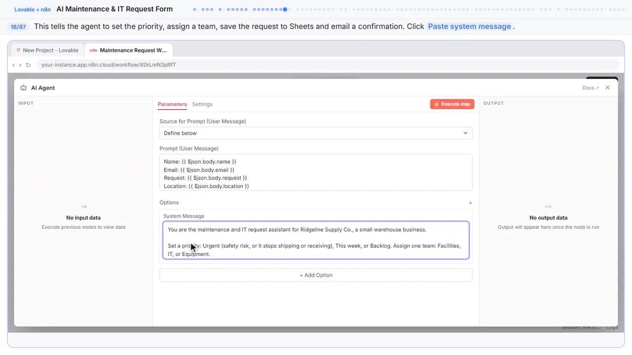 An n8n node’s settings window in Stepthrough’s practice copy, step 18 of 87 (Write the system message): the system message is filled in (“You are the maintenance and IT request…”).