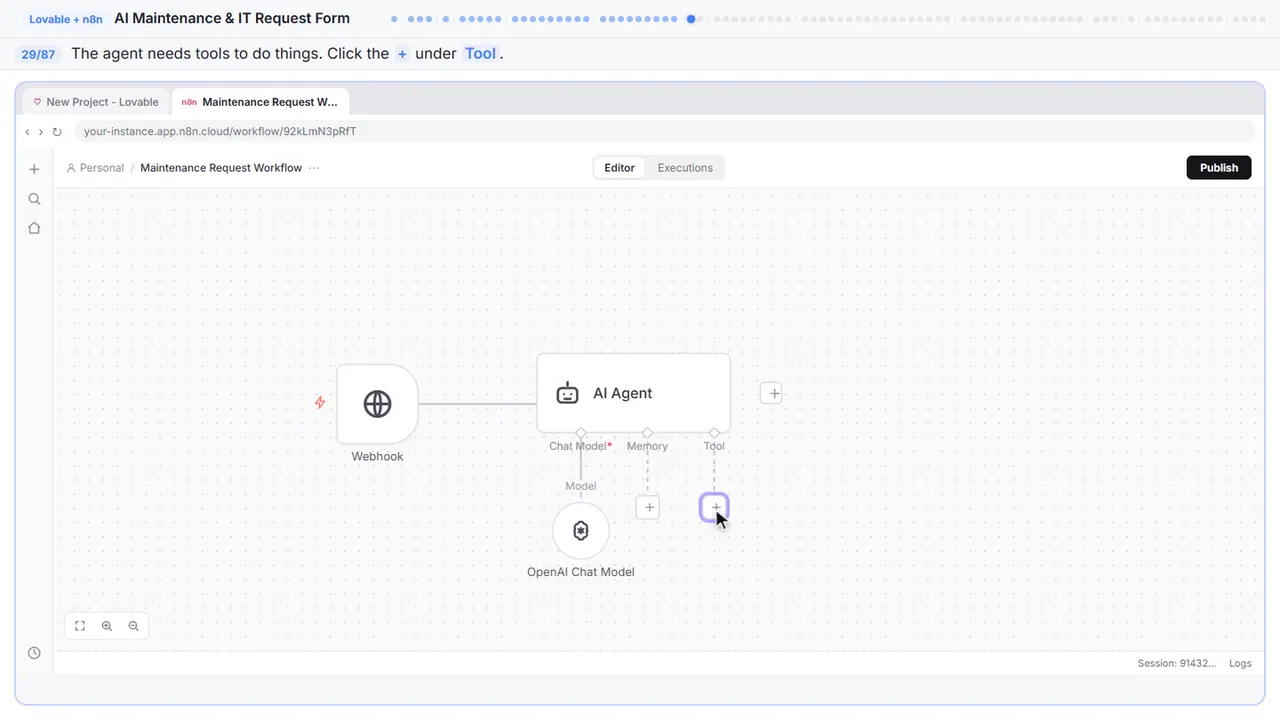 The n8n workflow canvas in Stepthrough’s practice copy, step 29 of 87 (Add a tool): the cursor is on “+”, highlighted.