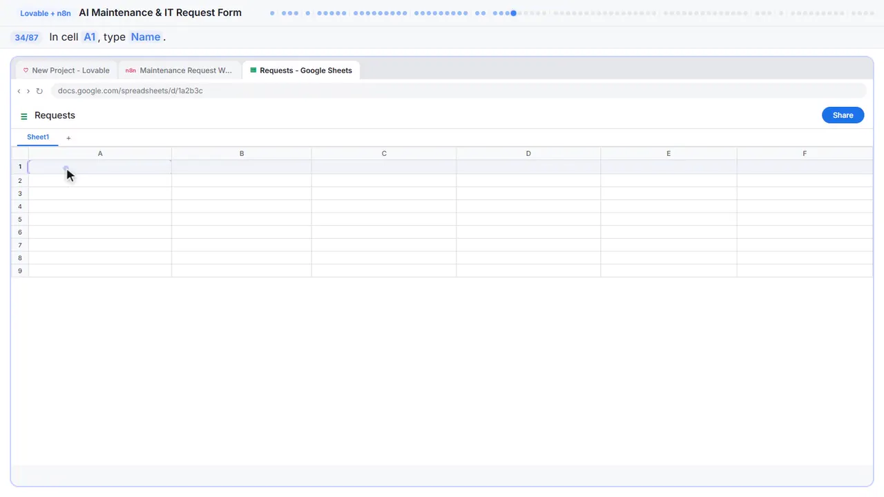 Google Sheets in Stepthrough’s practice copy, step 34 of 87 (Type the first column header): the cursor is on “A1”, highlighted.